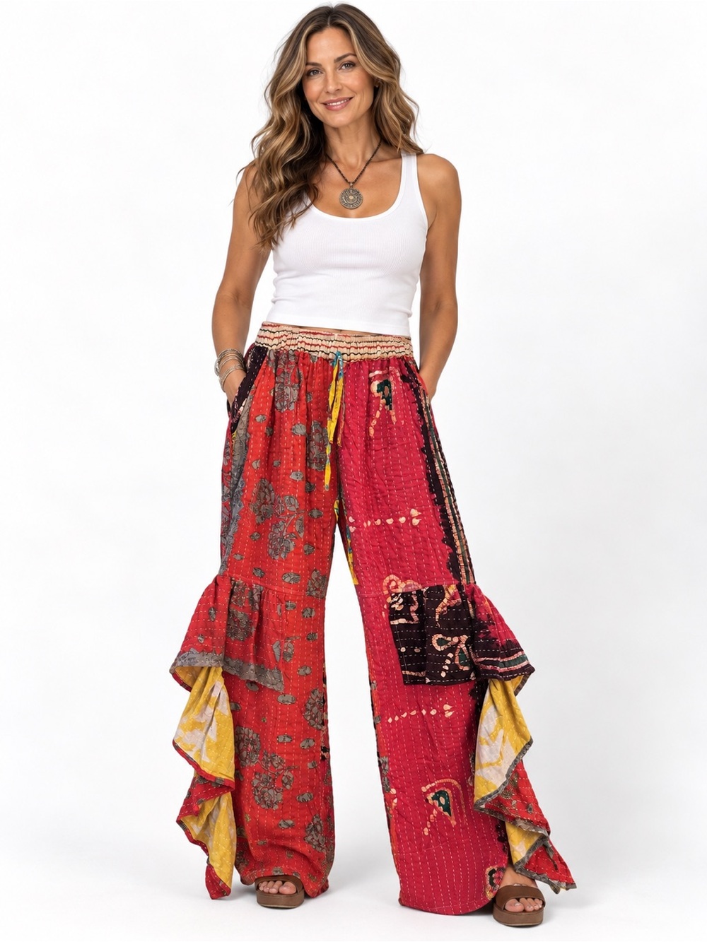 Patchwork Ruffle Wide Leg Pants Boho Palazzo Adjustable Waist Red Pink #10
